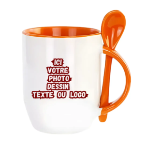 Mug avec cuillère intégrée, orange, personnalisable