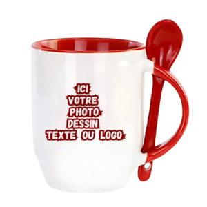 Mug avec cuillère intégrée, rouge, personnalisable