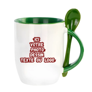 Mug avec cuillère intégrée, vert, personnalisable